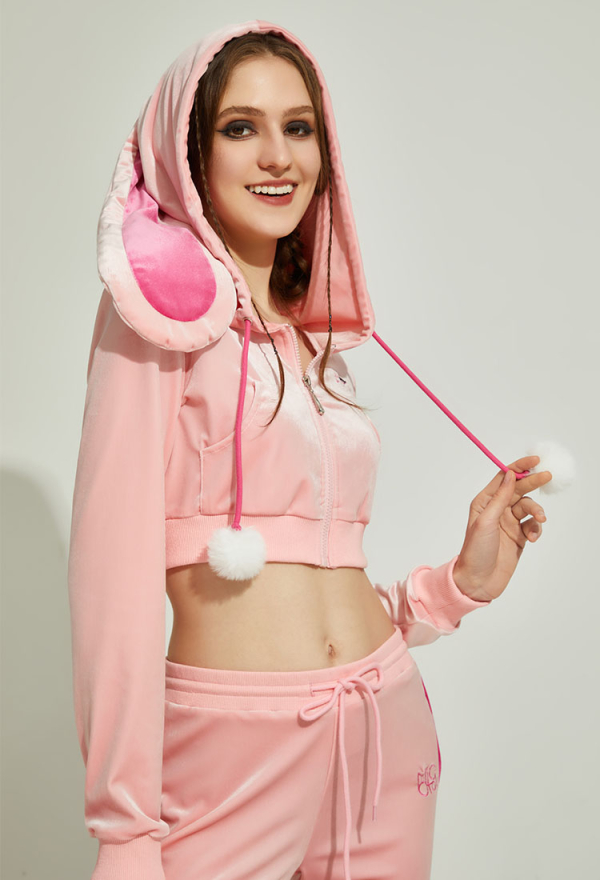 Sports Tracksuit Set Pink Bunny Hooded Top and Pants with Pom-pom Accessories Sports Tracksuit Set Pink Bunny Hooded Top and Pants with Pom-pom Accessories