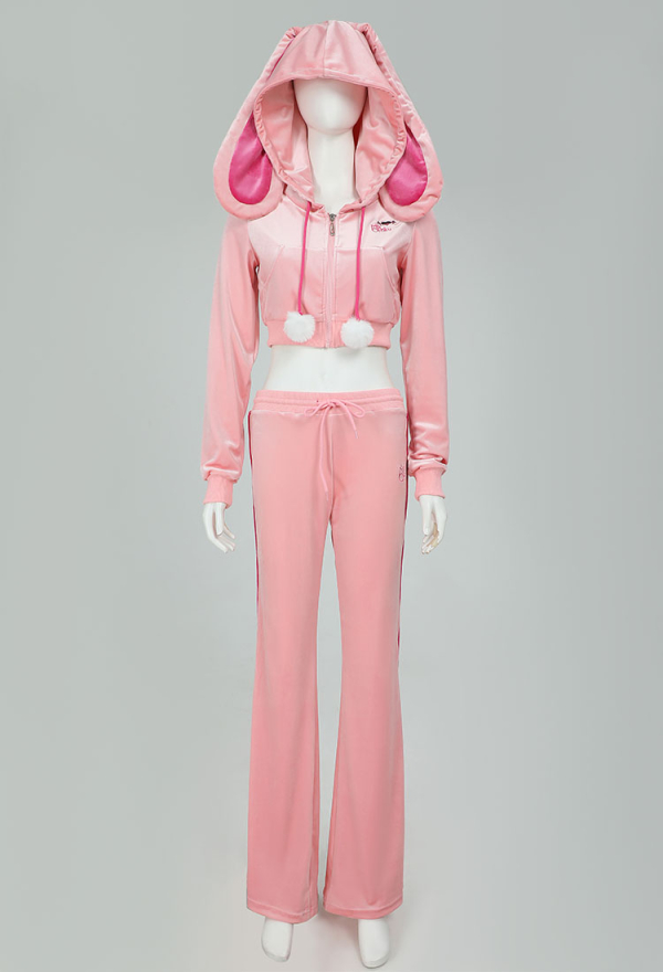 Sports Tracksuit Set Pink Bunny Hooded Top and Pants with Pom-pom Accessories Sports Tracksuit Set Pink Bunny Hooded Top and Pants with Pom-pom Accessories