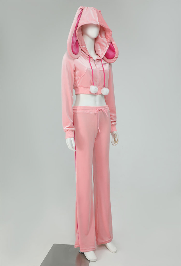 Sports Tracksuit Set Pink Bunny Hooded Top and Pants with Pom-pom Accessories Sports Tracksuit Set Pink Bunny Hooded Top and Pants with Pom-pom Accessories
