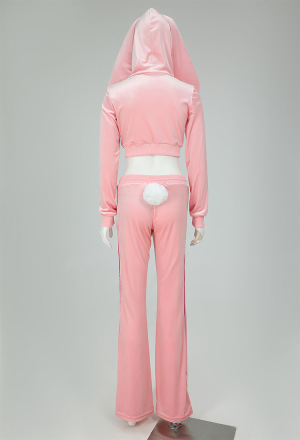 Sports Tracksuit Set Pink Bunny Hooded Top and Pants with Pom-pom Accessories Sports Tracksuit Set Pink Bunny Hooded Top and Pants with Pom-pom Accessories