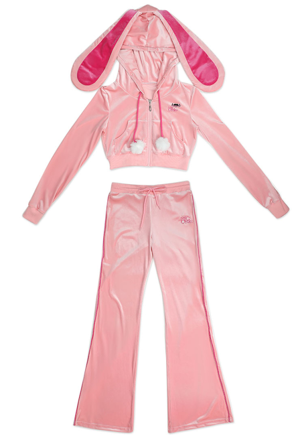Sports Tracksuit Set Pink Bunny Hooded Top and Pants with Pom-pom Accessories Sports Tracksuit Set Pink Bunny Hooded Top and Pants with Pom-pom Accessories