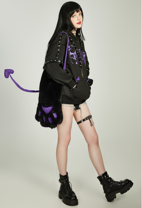 Gothic Rivet Design Paw Hoodie Vintage Outfits Daily Wear