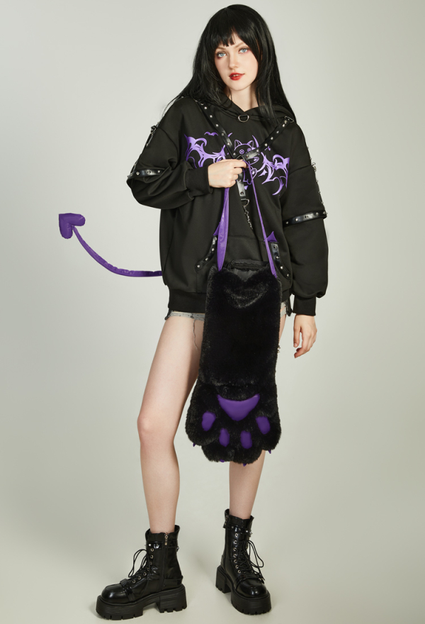 Gothic Rivet Design Paw Hoodie Vintage Outfits Daily Wear