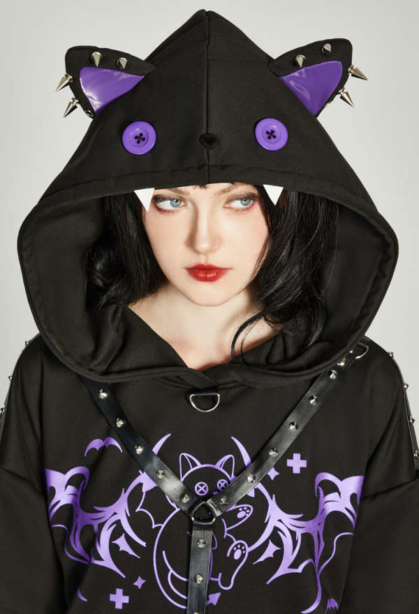 Gothic Rivet Design Paw Hoodie Vintage Outfits Daily Wear