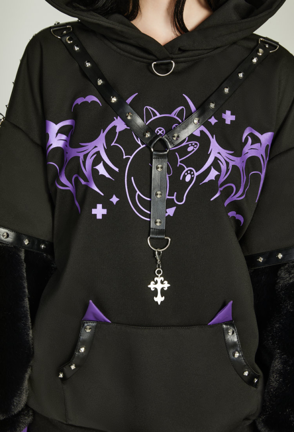 Gothic Rivet Design Paw Hoodie Vintage Outfits Daily Wear