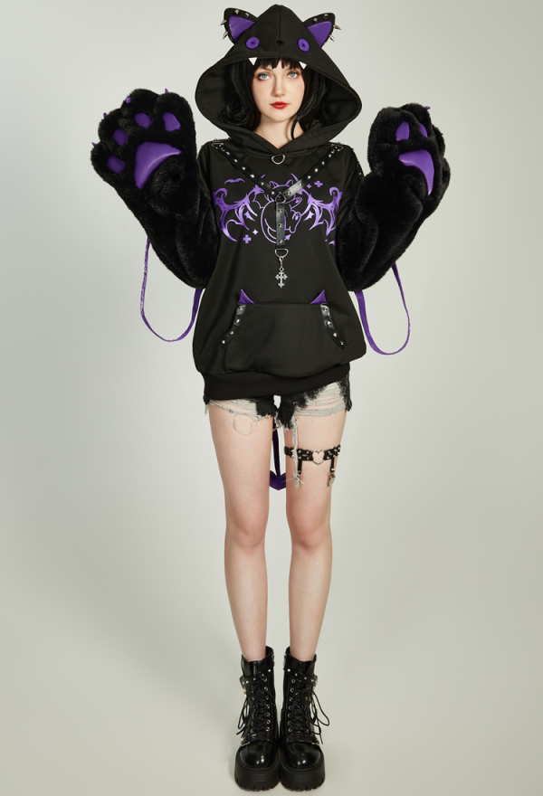 Gothic Rivet Design Paw Hoodie Vintage Outfits Daily Wear