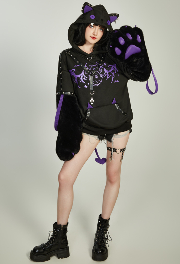 Gothic Rivet Design Paw Hoodie Vintage Outfits Daily Wear