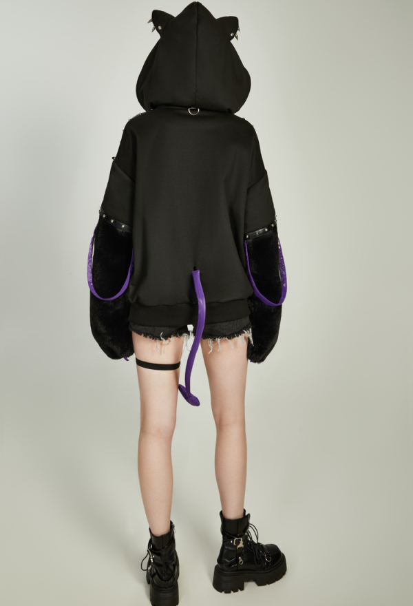 Gothic Rivet Design Paw Hoodie Vintage Outfits Daily Wear