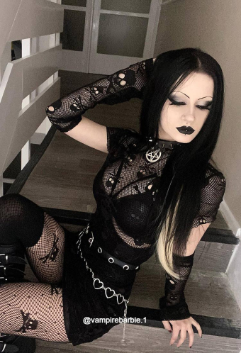 Night Hunter Gothic Punk Dress Set Black Halter Backless Dress and Lace Mesh Dress with Belt and Waist Chain