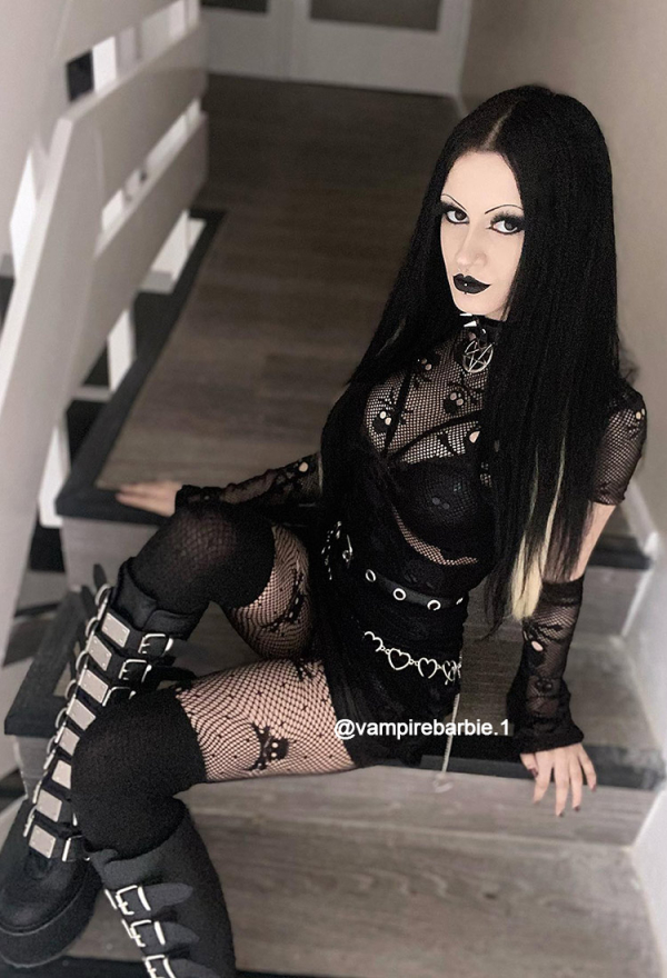 Night Hunter Gothic Punk Dress Set Black Halter Backless Dress and Lace Mesh Dress with Belt and Waist Chain Night Hunter Gothic Punk Dress Set Black Halter Backless Dress and Lace Mesh Dress with Belt and Waist Chain