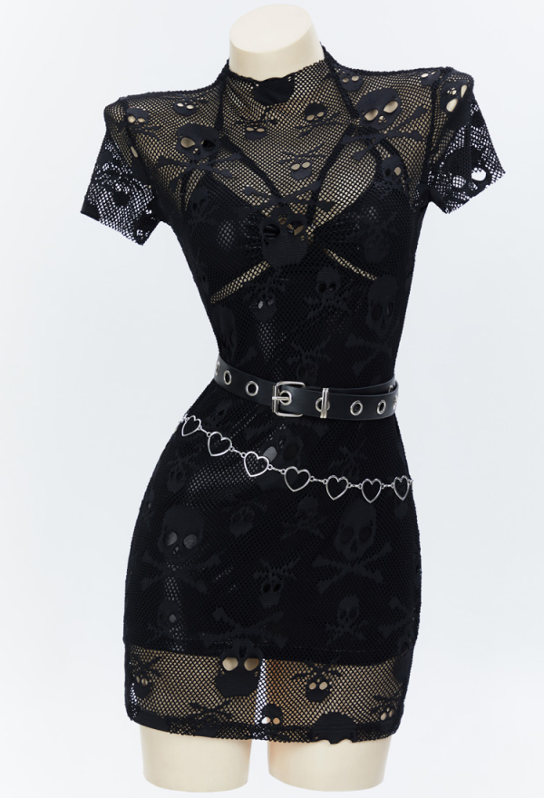 Night Hunter Gothic Punk Dress Set Black Halter Backless Dress and Lace Mesh Dress with Belt and Waist Chain Night Hunter Gothic Punk Dress Set Black Halter Backless Dress and Lace Mesh Dress with Belt and Waist Chain