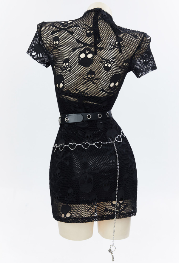 Night Hunter Gothic Punk Dress Set Black Halter Backless Dress and Lace Mesh Dress with Belt and Waist Chain Night Hunter Gothic Punk Dress Set Black Halter Backless Dress and Lace Mesh Dress with Belt and Waist Chain
