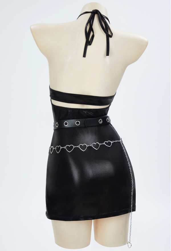 Night Hunter Gothic Punk Dress Set Black Halter Backless Dress and Lace Mesh Dress with Belt and Waist Chain Night Hunter Gothic Punk Dress Set Black Halter Backless Dress and Lace Mesh Dress with Belt and Waist Chain