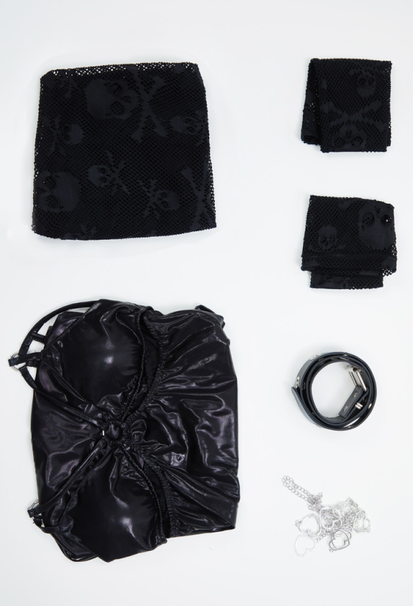 Night Hunter Gothic Punk Dress Set Black Halter Backless Dress and Lace Mesh Dress with Belt and Waist Chain Night Hunter Gothic Punk Dress Set Black Halter Backless Dress and Lace Mesh Dress with Belt and Waist Chain