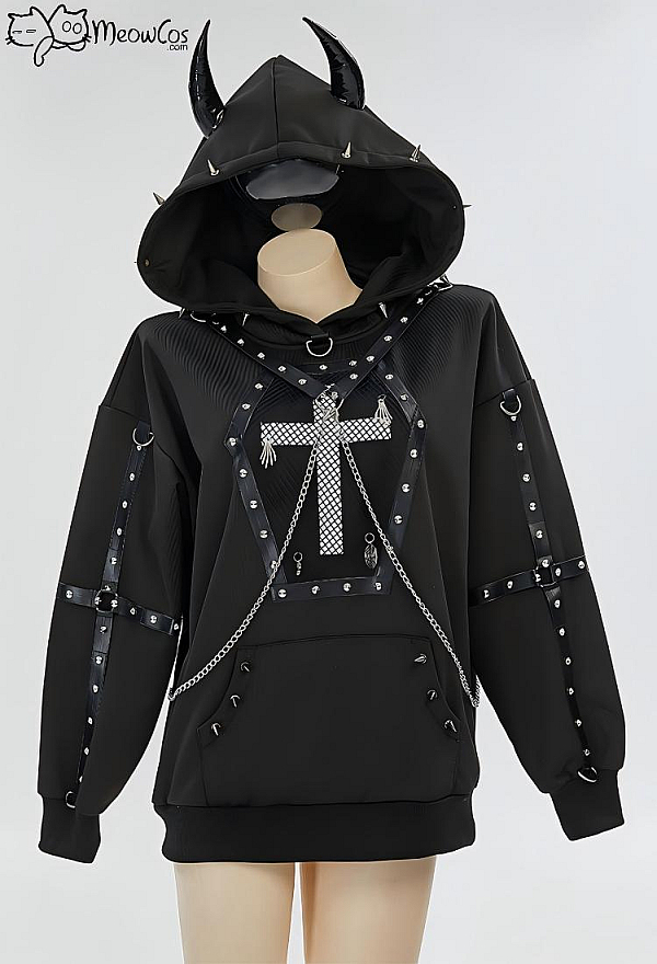 Meowcos.com Dark Rebel Gothic Style Black Sweatshirt Chain Rivets Cross Decor Demon Horns Hoodie