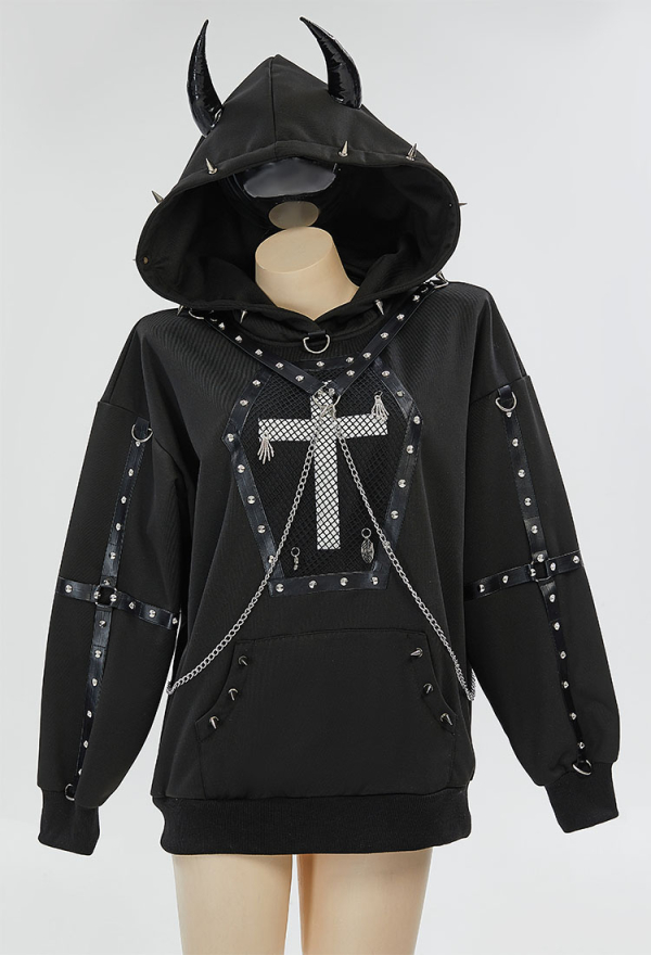 Dark Rebel Gothic Style Black Sweatshirt Chain Rivets Cross Decor Demon Horns Hoodie