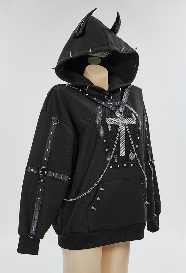 Dark Rebel Gothic Style Black Sweatshirt Chain Rivets Cross Decor Demon Horns Hoodie