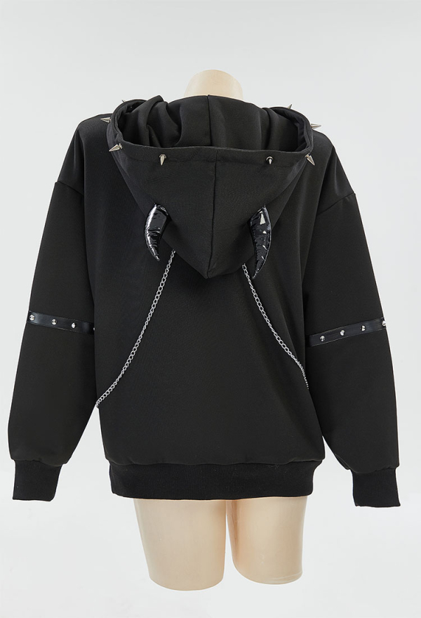 Dark Rebel Gothic Style Black Sweatshirt Chain Rivets Cross Decor Demon Horns Hoodie