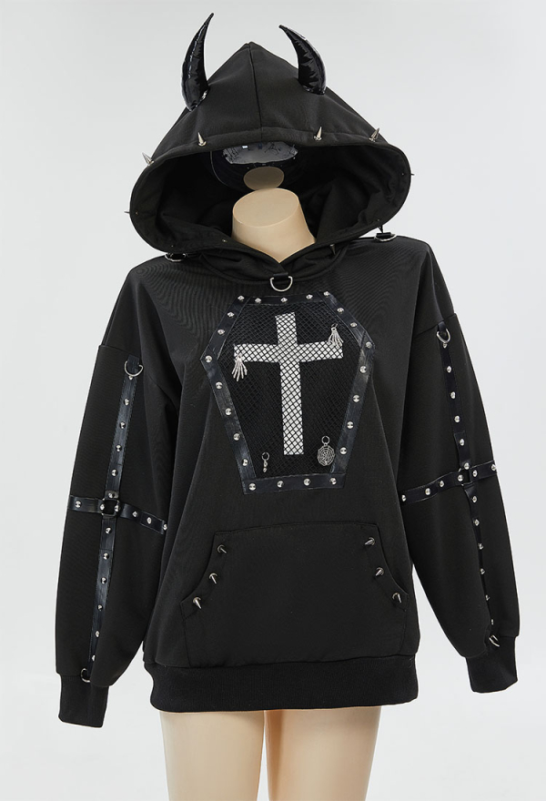 Dark Rebel Gothic Style Black Sweatshirt Chain Rivets Cross Decor Demon Horns Hoodie