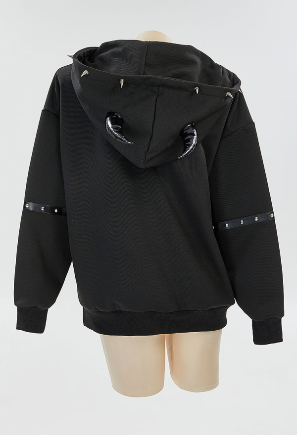Dark Rebel Gothic Style Black Sweatshirt Chain Rivets Cross Decor Demon Horns Hoodie