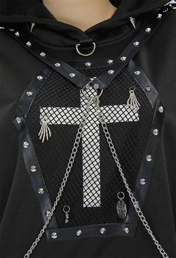 Dark Rebel Gothic Style Black Sweatshirt Chain Rivets Cross Decor Demon Horns Hoodie