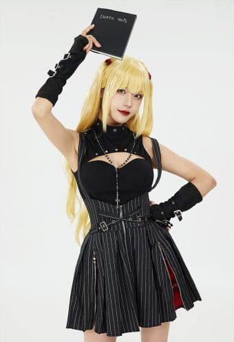 Miss Misa Dress Set Cutout Top and Stripes Dress with Necklace and Gloves