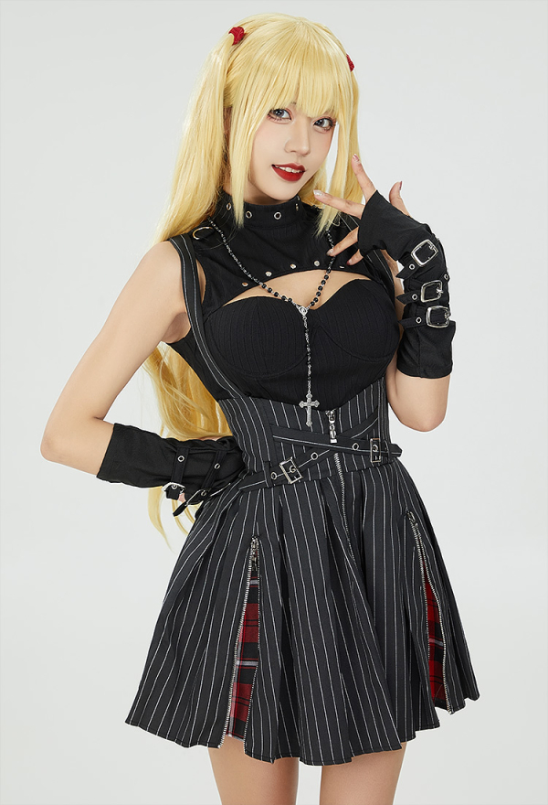 Miss Misa Dress Set Cutout Top and Stripes Dress with Necklace and Gloves