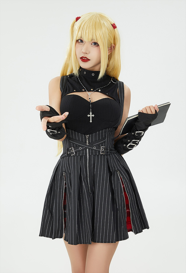 Miss Misa Dress Set Cutout Top and Stripes Dress with Necklace and Gloves