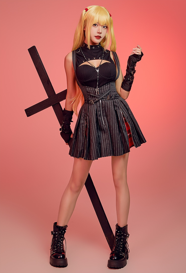 Miss Misa Dress Set Cutout Top and Stripes Dress with Necklace and Gloves