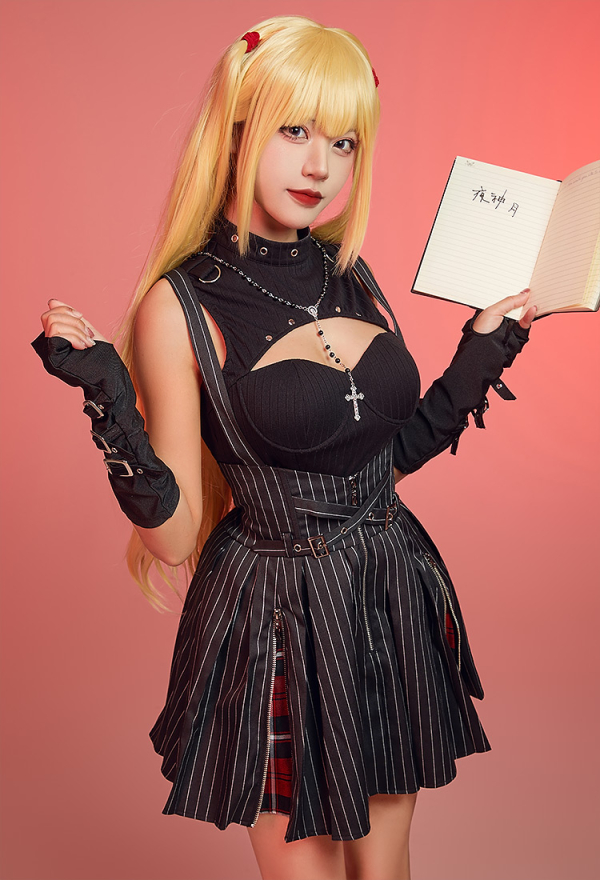 Miss Misa Dress Set Cutout Top and Stripes Dress with Necklace and Gloves