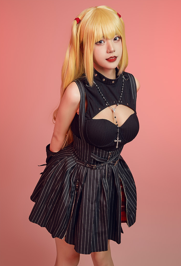 Miss Misa Dress Set Cutout Top and Stripes Dress with Necklace and Gloves
