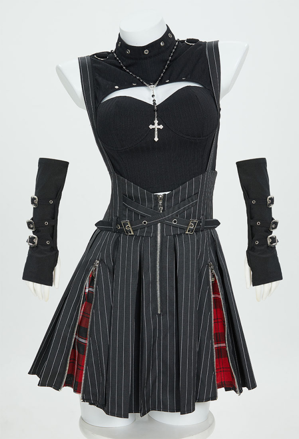Miss Misa Dress Set Cutout Top and Stripes Dress with Necklace and Gloves