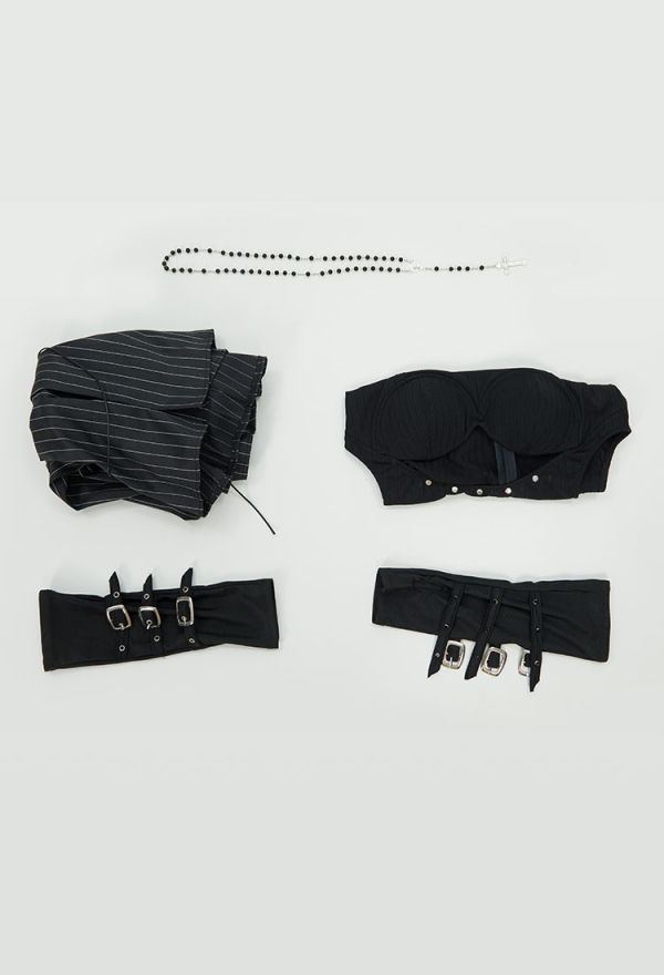 Miss Misa Dress Set Cutout Top and Stripes Dress with Necklace and Gloves