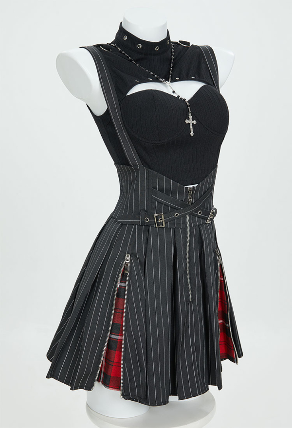 Miss Misa Dress Set Cutout Top and Stripes Dress with Necklace and Gloves