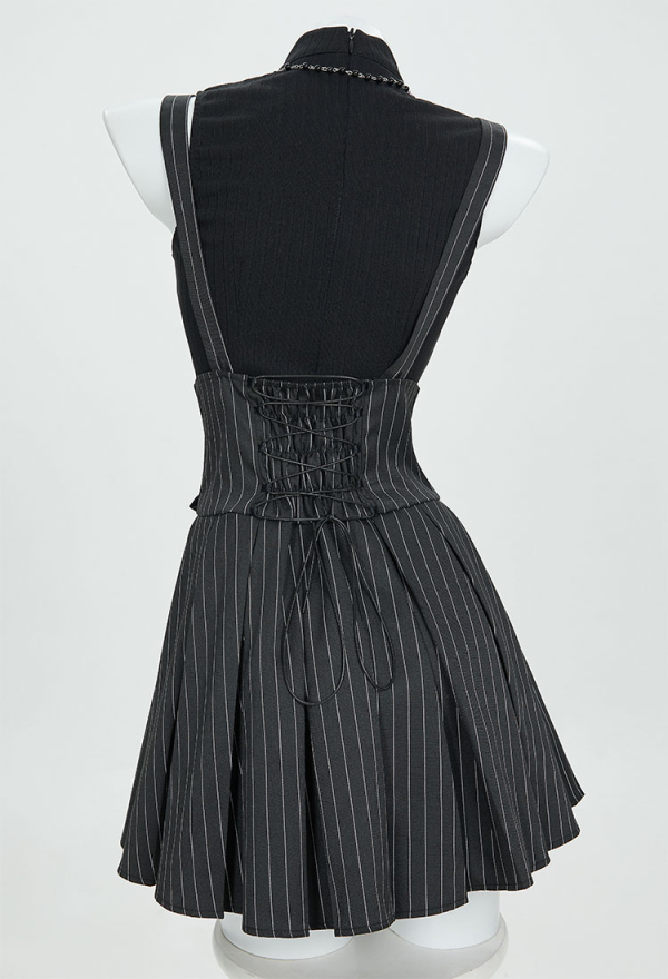 Miss Misa Dress Set Cutout Top and Stripes Dress with Necklace and Gloves