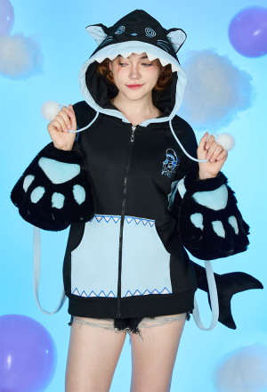 Dizzy Shark-Kitten Black and Blue Paw Hoodie Daily Wear