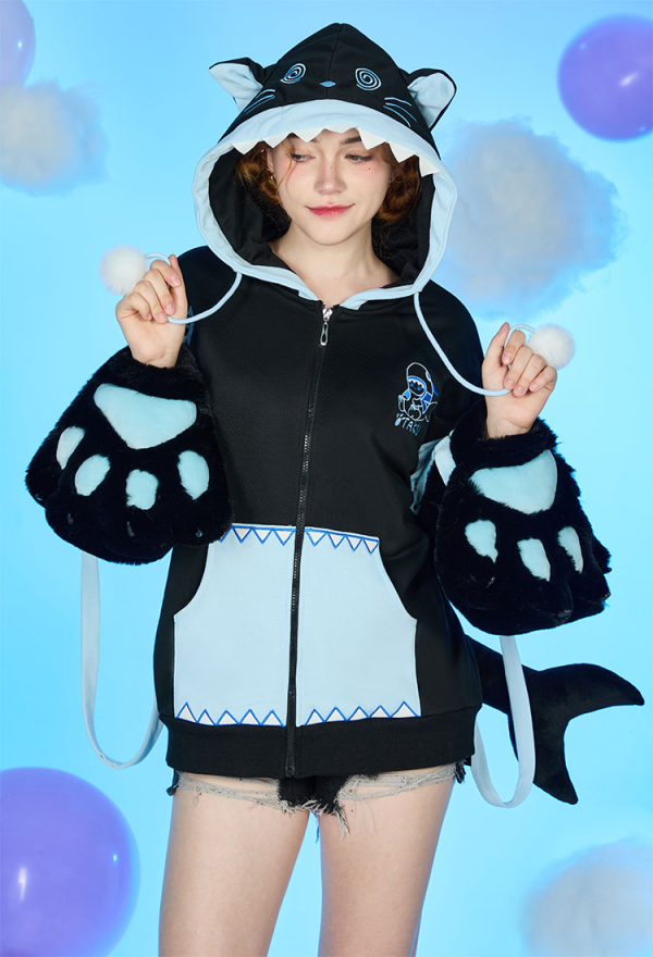 Dizzy Shark-Kitten Black and Blue Paw Hoodie Daily Wear Dizzy Shark-Kitten Black and Blue Paw Hoodie Daily Wear