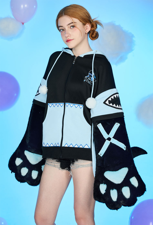 Dizzy Shark-Kitten Black and Blue Paw Hoodie Daily Wear Dizzy Shark-Kitten Black and Blue Paw Hoodie Daily Wear