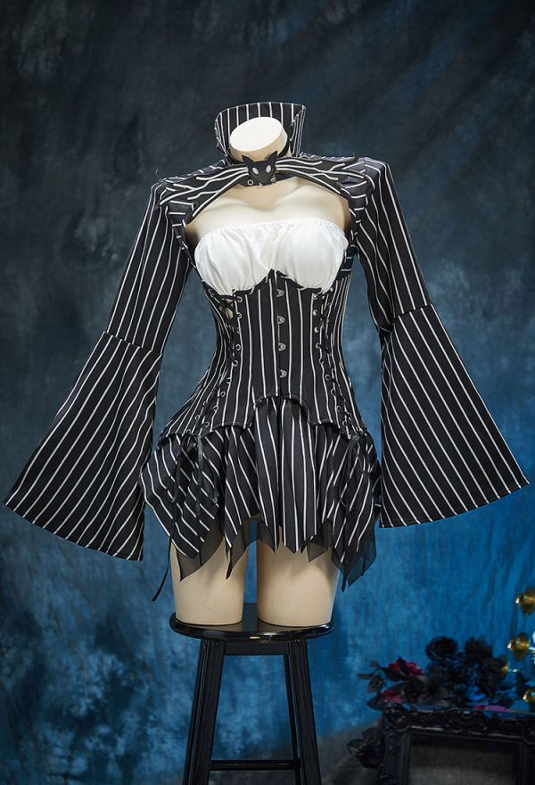 Sweet Nightmare Jack Skellington Style Gothic Costume Long Sleeve Top and Tube Top with Skirt and Gloves Sweet Nightmare Jack Skellington Style Gothic Costume Long Sleeve Top and Tube Top with Skirt and Gloves