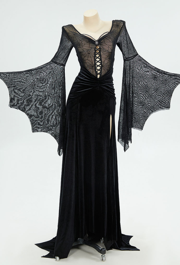 Withered Rose Gothic Style Black Long Dress Spiderweb Style Long Slit Bodycon Dress Costume Withered Rose Gothic Style Black Long Dress Spiderweb Style Long Slit Bodycon Dress Costume
