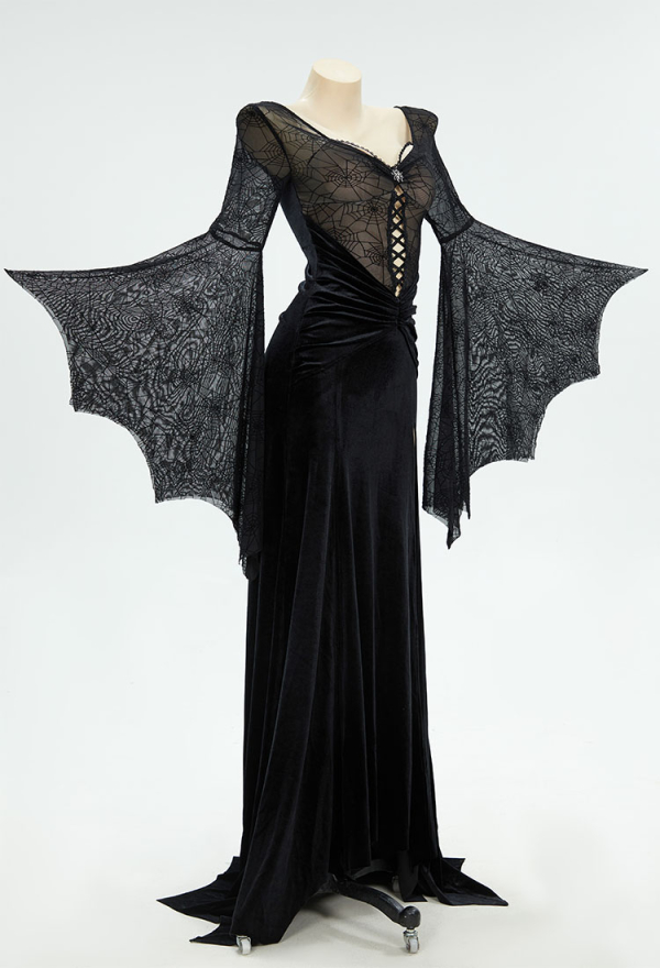 Withered Rose Gothic Style Black Long Dress Spiderweb Style Long Slit Bodycon Dress Costume Withered Rose Gothic Style Black Long Dress Spiderweb Style Long Slit Bodycon Dress Costume