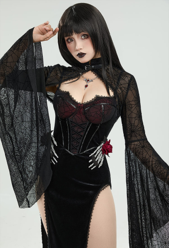Blood Moon Silhouette Gothic Halloween Dress Black Vampire Slit Dress and Spiderweb Flare Sleeve Cloak with Necklace