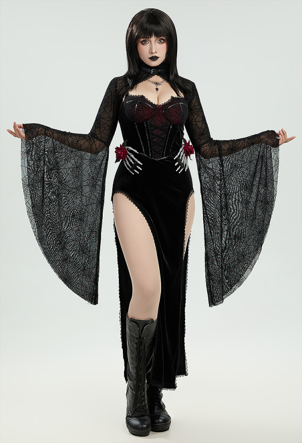Blood Moon Silhouette Gothic Halloween Dress Black Vampire Slit Dress and Spiderweb Flare Sleeve Cloak with Necklace