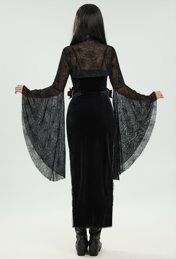 Blood Moon Silhouette Gothic Halloween Dress Black Vampire Slit Dress and Spiderweb Flare Sleeve Cloak with Necklace