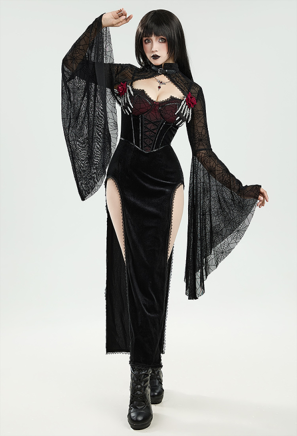 Blood Moon Silhouette Gothic Halloween Dress Black Vampire Slit Dress and Spiderweb Flare Sleeve Cloak with Necklace