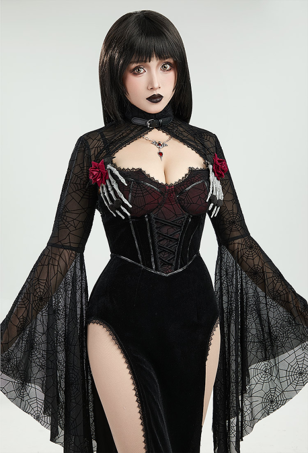 Blood Moon Silhouette Gothic Halloween Dress Black Vampire Slit Dress and Spiderweb Flare Sleeve Cloak with Necklace