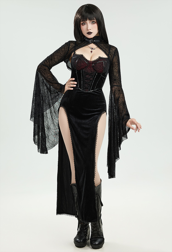Blood Moon Silhouette Gothic Halloween Dress Black Vampire Slit Dress and Spiderweb Flare Sleeve Cloak with Necklace