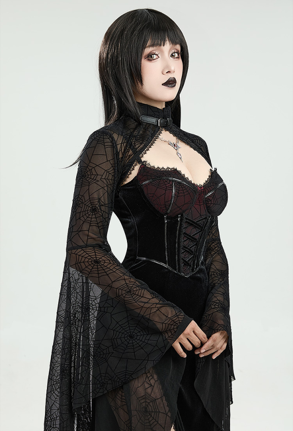 Blood Moon Silhouette Gothic Halloween Dress Black Vampire Slit Dress and Spiderweb Flare Sleeve Cloak with Necklace