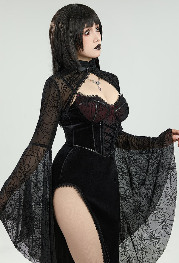Blood Moon Silhouette Gothic Halloween Dress Black Vampire Slit Dress and Spiderweb Flare Sleeve Cloak with Necklace