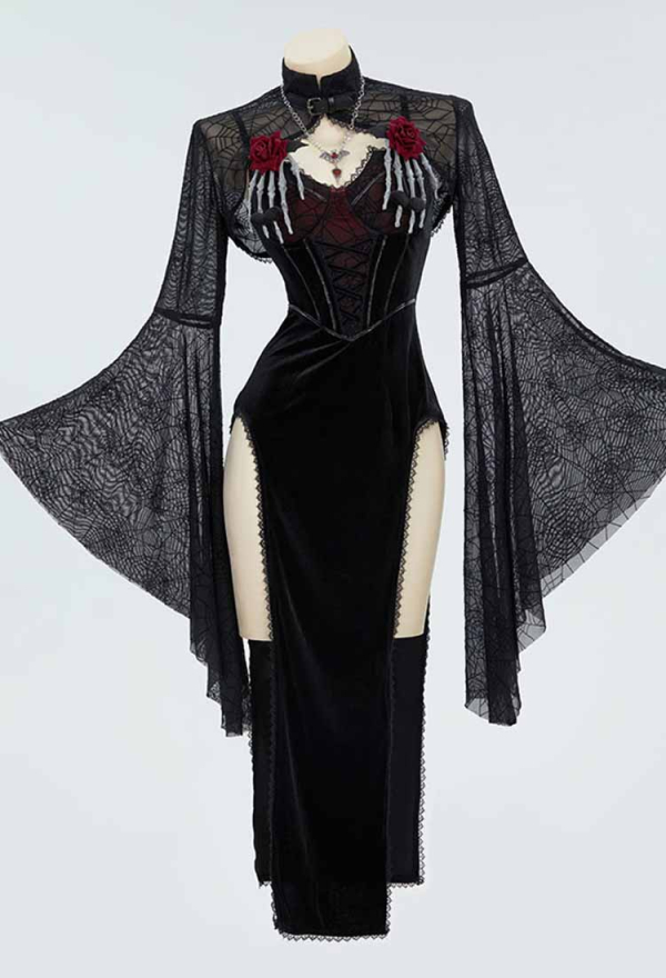 Blood Moon Silhouette Gothic Halloween Dress Black Vampire Slit Dress and Spiderweb Flare Sleeve Cloak with Necklace